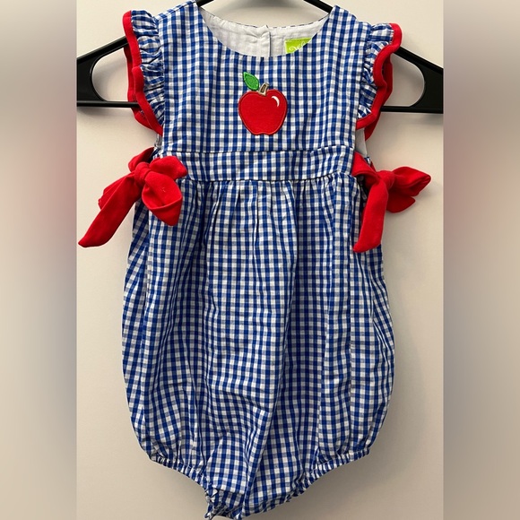 Classic Whimsy Other - Charming Blue Checkered Romper with Red Apple Detail